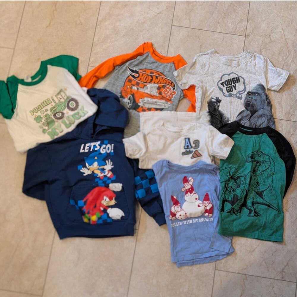 Bundle of 7 Tops Boys size 4-5 XS Sonic, Hot Wheels, Carters, Adidas, etc